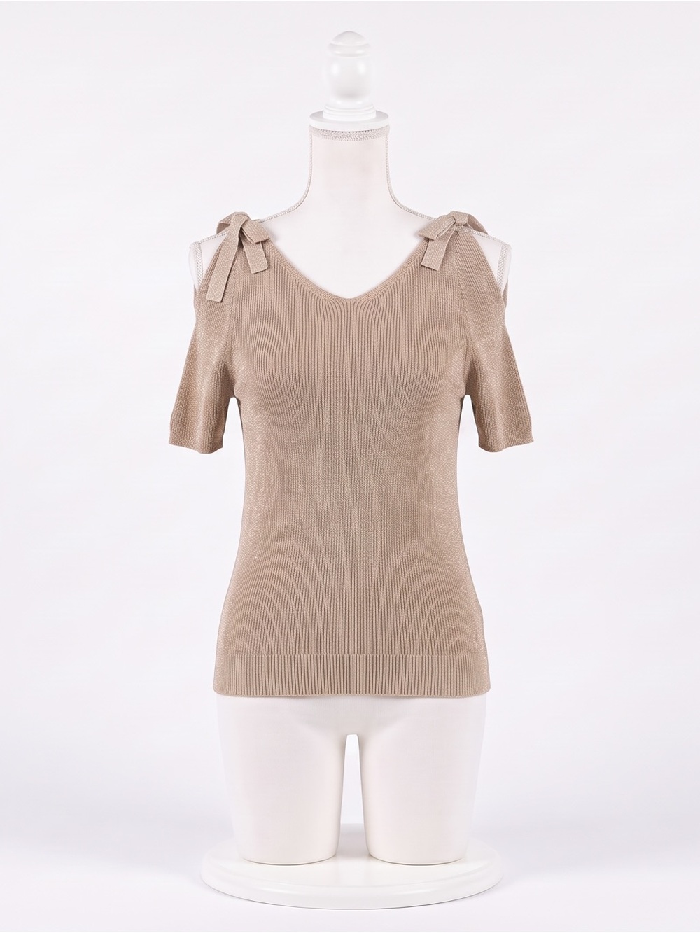 Chico's Shine Mix Shoulder Tie Pullover Sweater Gold Metallic Knit Size 1 Medium